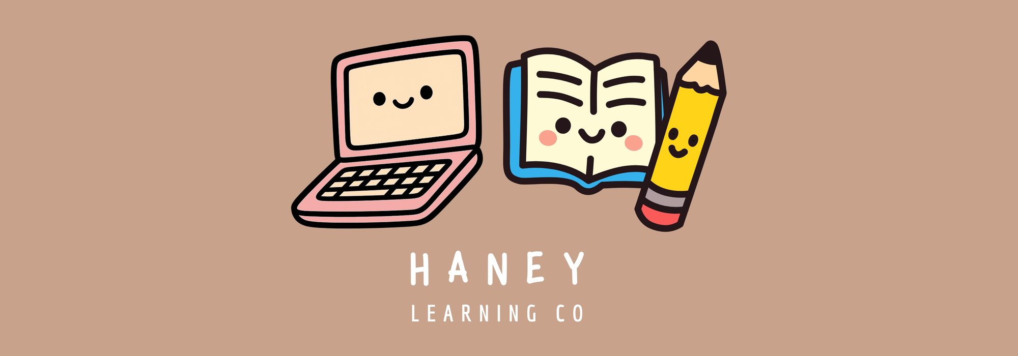 Haney Learning Co logo: a smiling laptop, book, and pencil